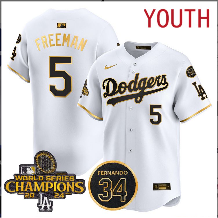 Youth  MLB Los Angeles Dodgers #5 Freeman white 2024 World Series Champions Patch Limited Jersey style 4->youth mlb jersey->Youth Jersey